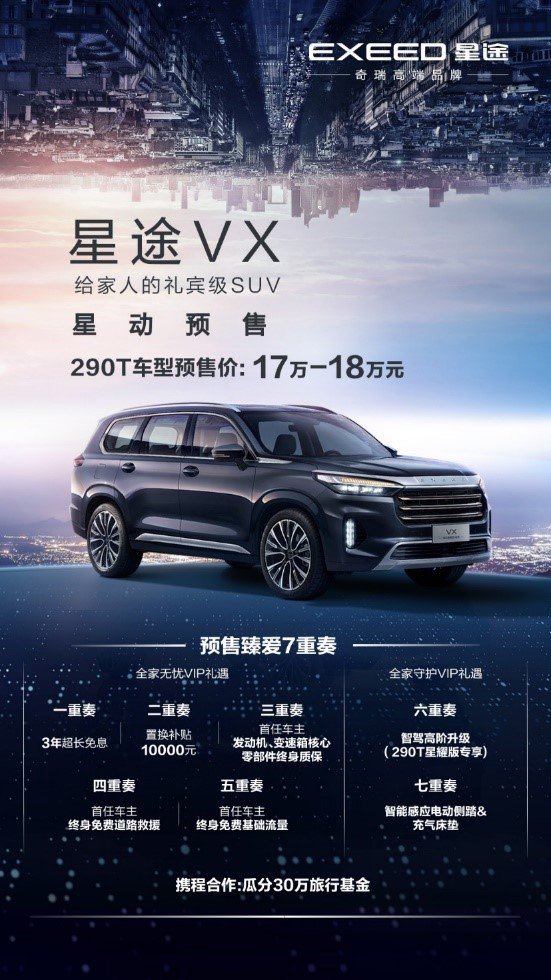 M3X火星架构 星途旗舰大七座SUV VX 290T开启预售