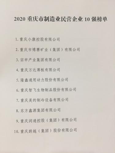 东方鑫源荣登“2020重庆市制造业民营企业10强”