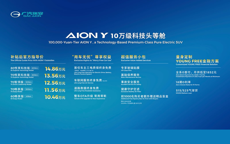 “10万级科技头等舱”AION Y上海车展上市 补贴后售价10.46万元起