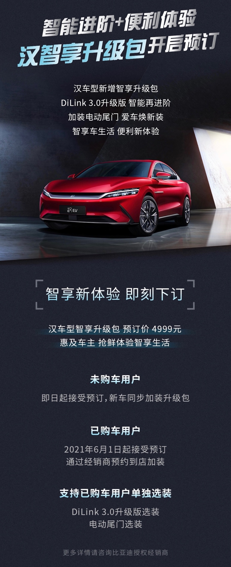DiLink 3.0、电动尾门两大升级 比亚迪汉智享升级包开启预订