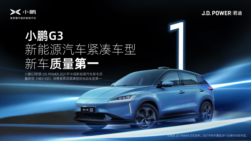 小鹏G3品质赢得消费者信任 获J.D.Power新车质量第一