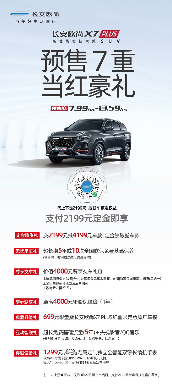 优质之选!长安欧尚X7PLUS预售7.99万-13.59万,推7重当红豪礼