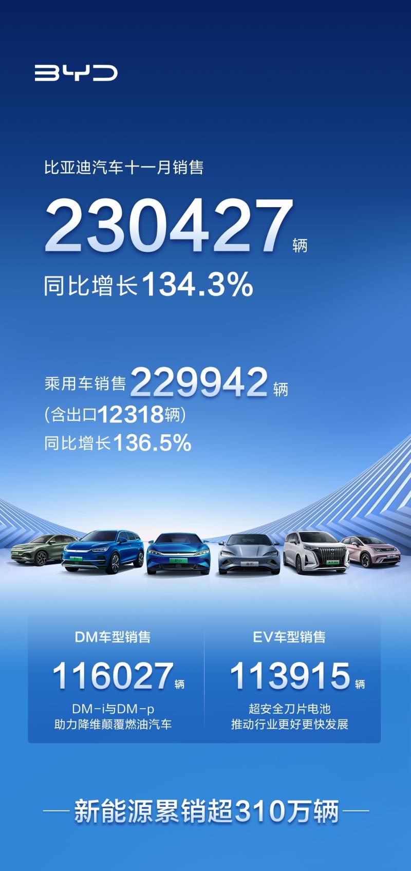 11月销售230427辆!比亚迪汽车创中国新能源销量新高