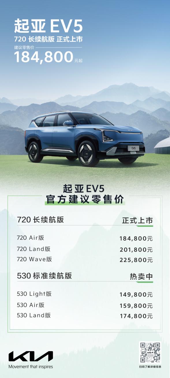 起亚EV5 720长续航版进阶上市,官方建议零售价18.48万元起