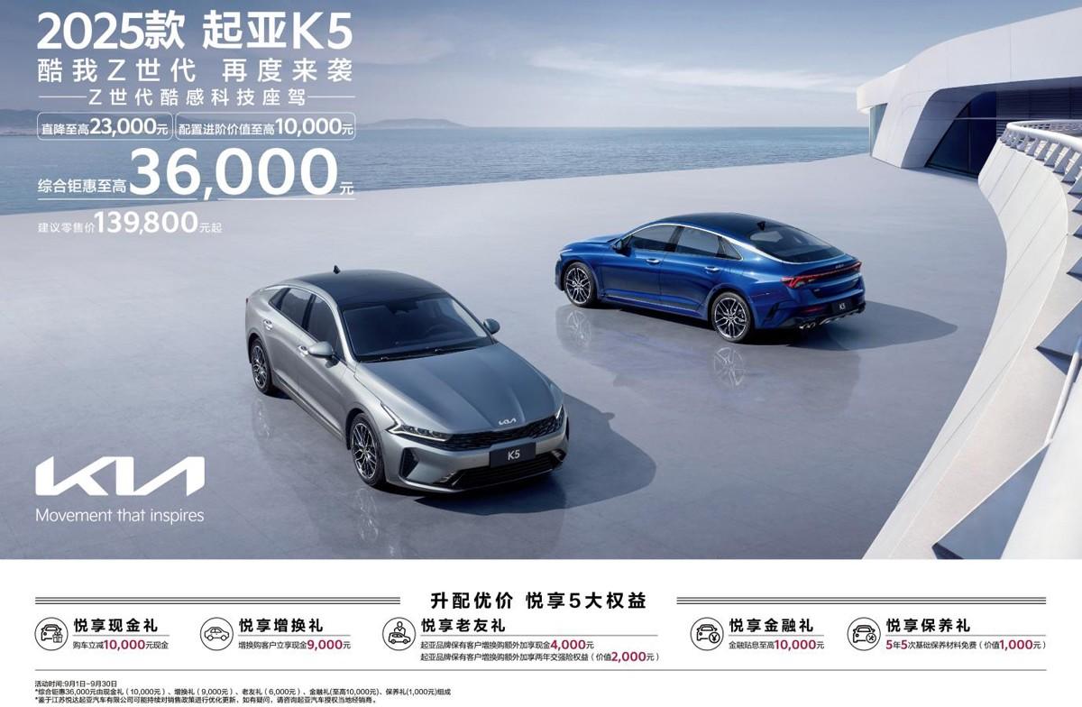 建议零售价直降至高2.3万元!2025款起亚K5增配上市,13.98万元起售