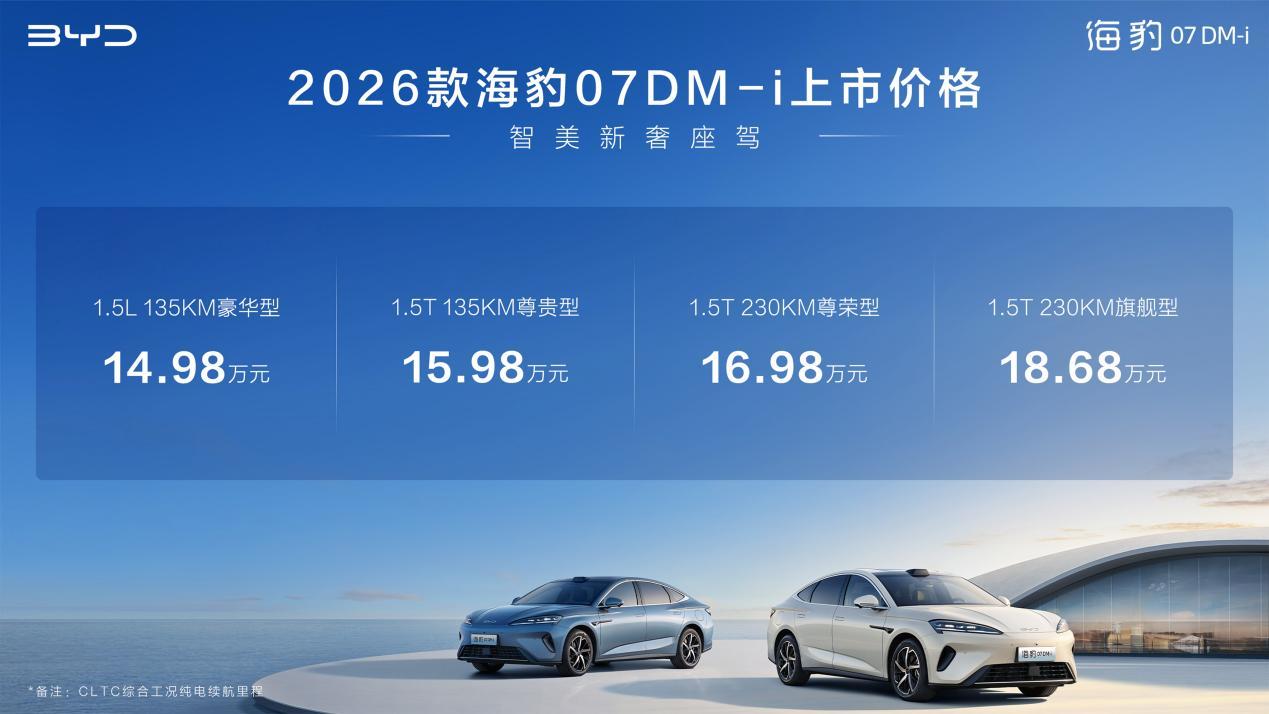搭载云辇-C、激光雷达、冷暖冰箱,比亚迪2026款海豹07DM-i上市,14.98万起