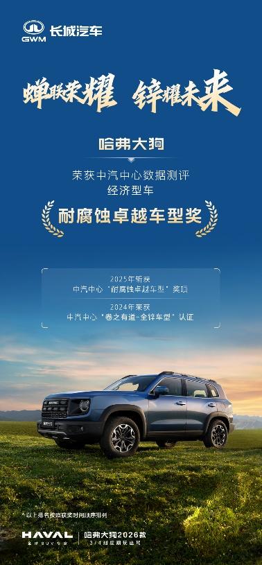 口碑认证 品质之选,哈弗大狗荣获中汽中心2025年耐腐蚀卓越车型认证